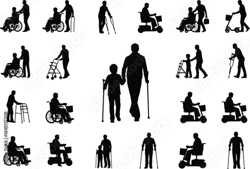 Collection of silhouettes depicting people with disabilities receiving assistance and using mobility aids
