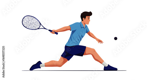 Athletic male tennis player in a blue polo shirt lunging for a forehand shot.
