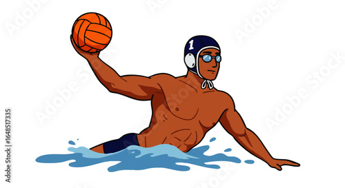 Athletic male water polo player in a blue cap with number 1, holding a ball in the water.