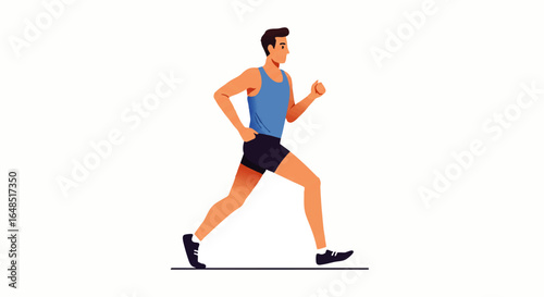 Athletic man in blue sportswear jogging, side profile view. Flat vector character illustration.