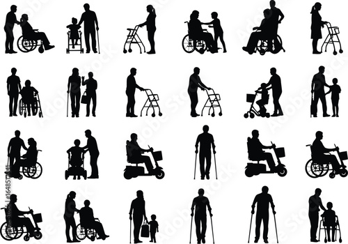 Silhouettes of people with disabilities and their caregivers illustrating support and accessibility in various daily life scenarios