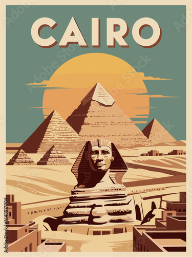 Vintage Cairo travel poster with Pyramids of Giza and Sphinx in flat retro style, warm desert tones, nostalgic 1960s design, perfect for Egypt wall art and travel lovers