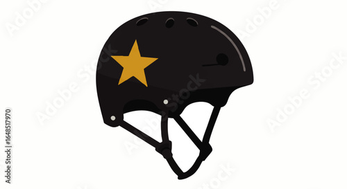 Black protective sports helmet with a prominent yellow star decal and adjustable chin strap.