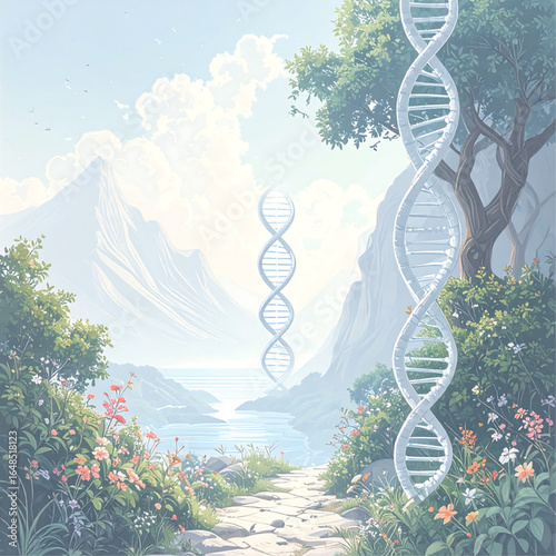 Three DNA double helix structures rise from a lush, natural landscape with mountains and a river.