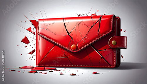 A red wallet appears shattered, with cracks and fragments radiating outwards, symbolizing financial loss or fragility.