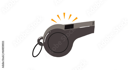 Blowing grey sports whistle with yellow sound effect lines and a key ring attachment.