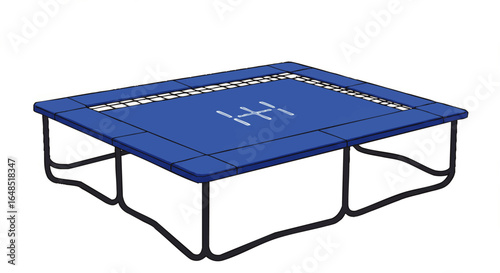 Blue Rectangular Trampoline with Black Legs, White Netting, and Design