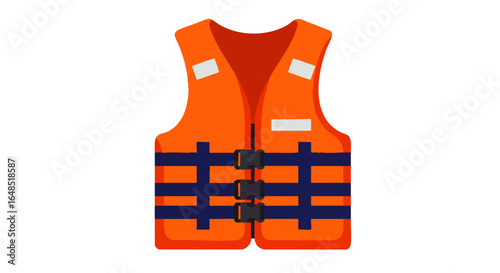 Bright Orange Life Jacket with Blue Straps and Buckles, Flat Vector Illustration