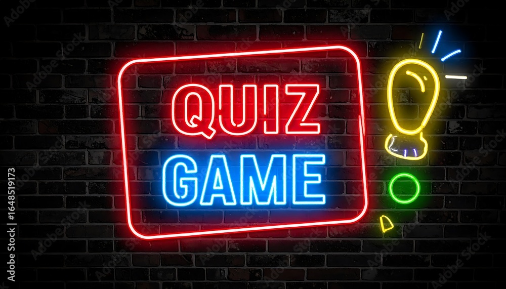 Obraz premium Neon sign quiz game on brick wall
