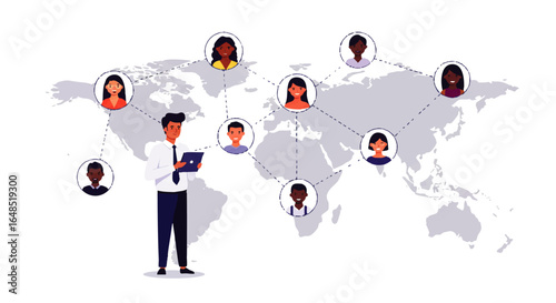 Businessman Holding Tablet Connecting Diverse People Around the World