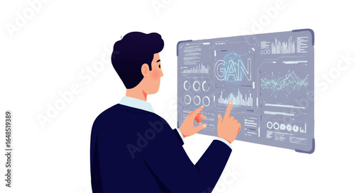 Businessman in a dark blue suit pointing at a futuristic holographic interface with GAN data visualization.