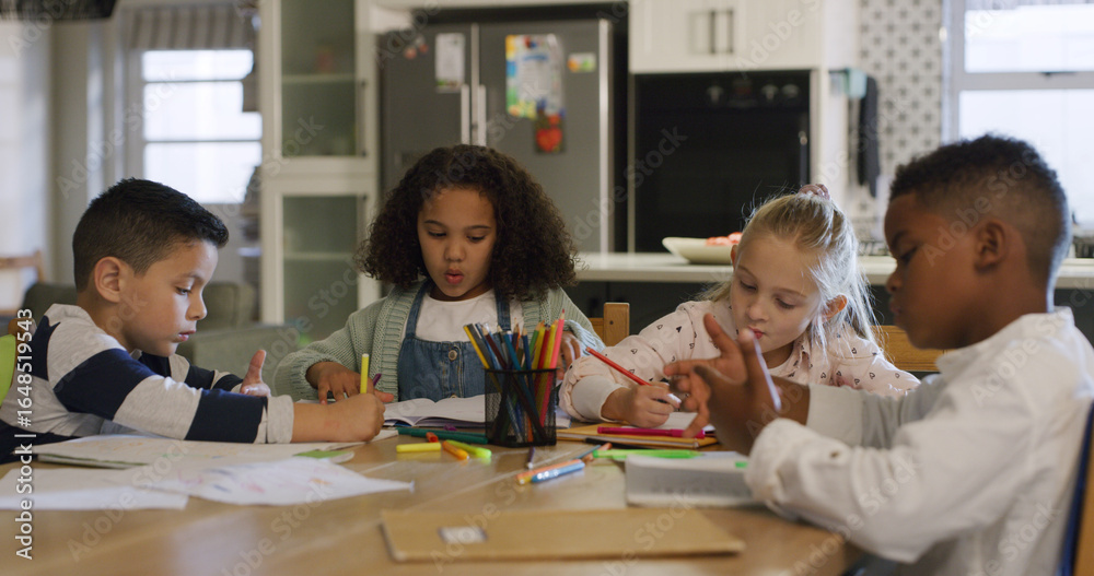 Fototapeta premium Writing, education and homework with friends in house for learning, class project and assessment. Knowledge, growth and students or kids in home for child development, math lesson and study together