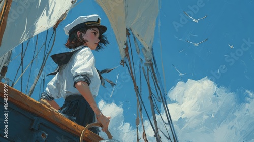 Young asian female sailor steering ship under blue sky with seagulls.