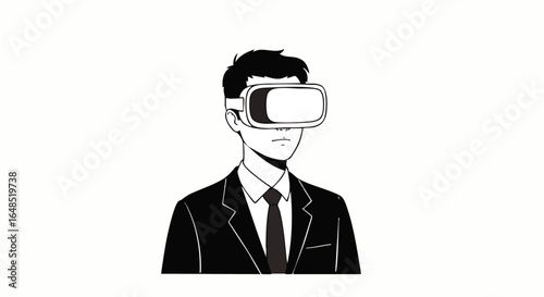 Businessman with dark hair in a suit and tie using a virtual reality headset, monochrome illustration.