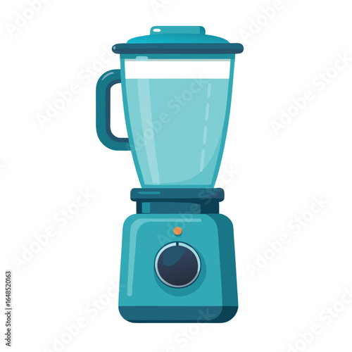 Teal blender with clear liquid and dark knob blue