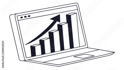 Laptop showing business growth chart and arrow for financial success and market analysis on screen display