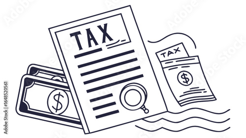 Tax preparation checklist and financial planning with dollar bills and magnifying glass concept illustration