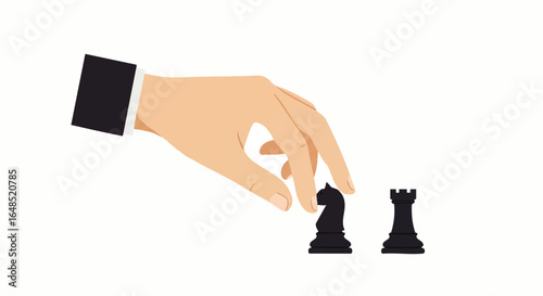 Businessman's hand in a suit making a strategic move with a black knight chess piece.