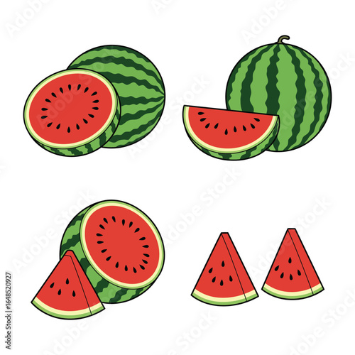 Watermelon Vector Illustration Set with Whole Sliced and Halved Watermelons
