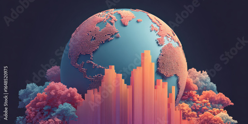 Digital illustration of globe with abstract bar graphs and colorful clouds symbolizes global economic trends and data analysis. vibrant colors and creative design evoke innovation and futuristic