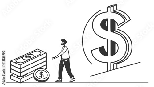 Illustration of man walking towards dollar sign and money stack for investment and financial growth concept