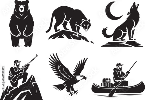 Wilderness adventure icons bear eagle wolf hunter canoe