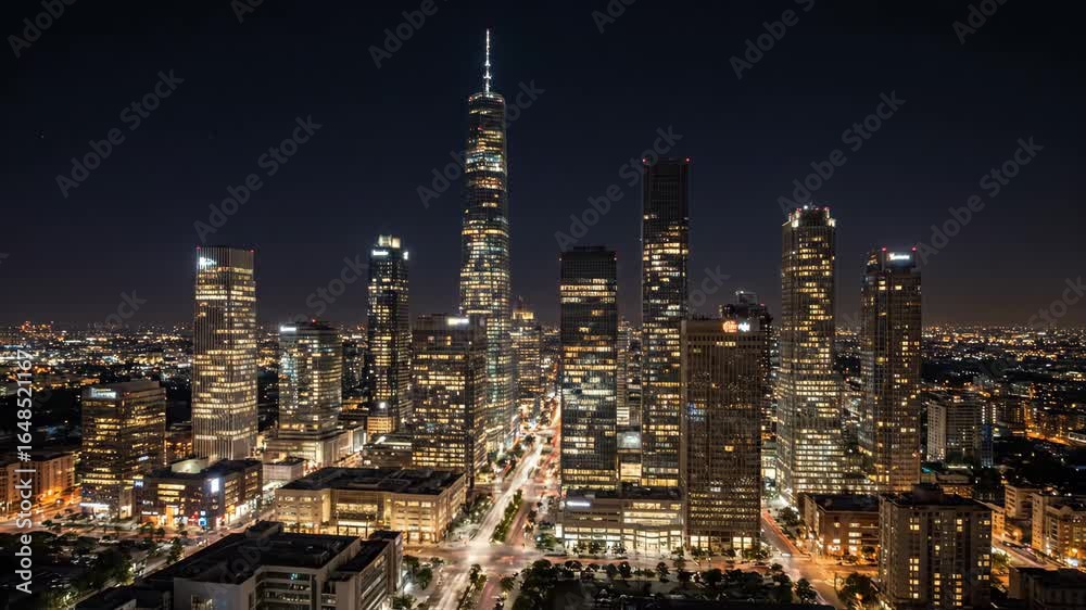 custom made wallpaper toronto digitalNight City Skyline Timelapse - An aerial view of a modern city skyline at night, showcasing illuminated skyscrapers and busy streets below.