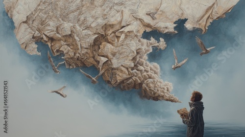 Young caucasian male observes floating map sculpture with birds in dreamlike sky.