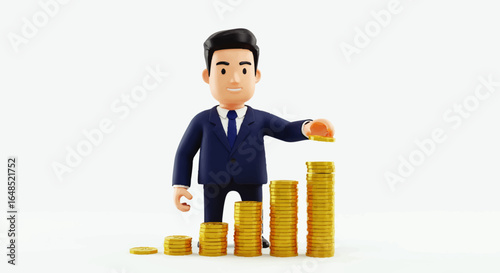 Cartoon businessman stacking gold coins, symbolizing financial growth and investment