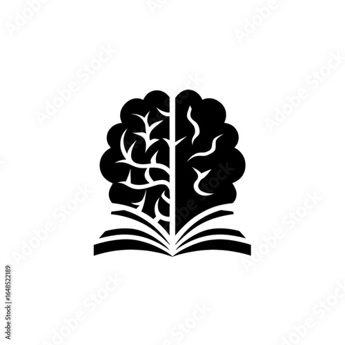 Black brain merged with open book symbol knowledge
