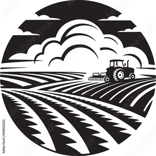 Tractor plowing farm fields under cloudy sky graphic