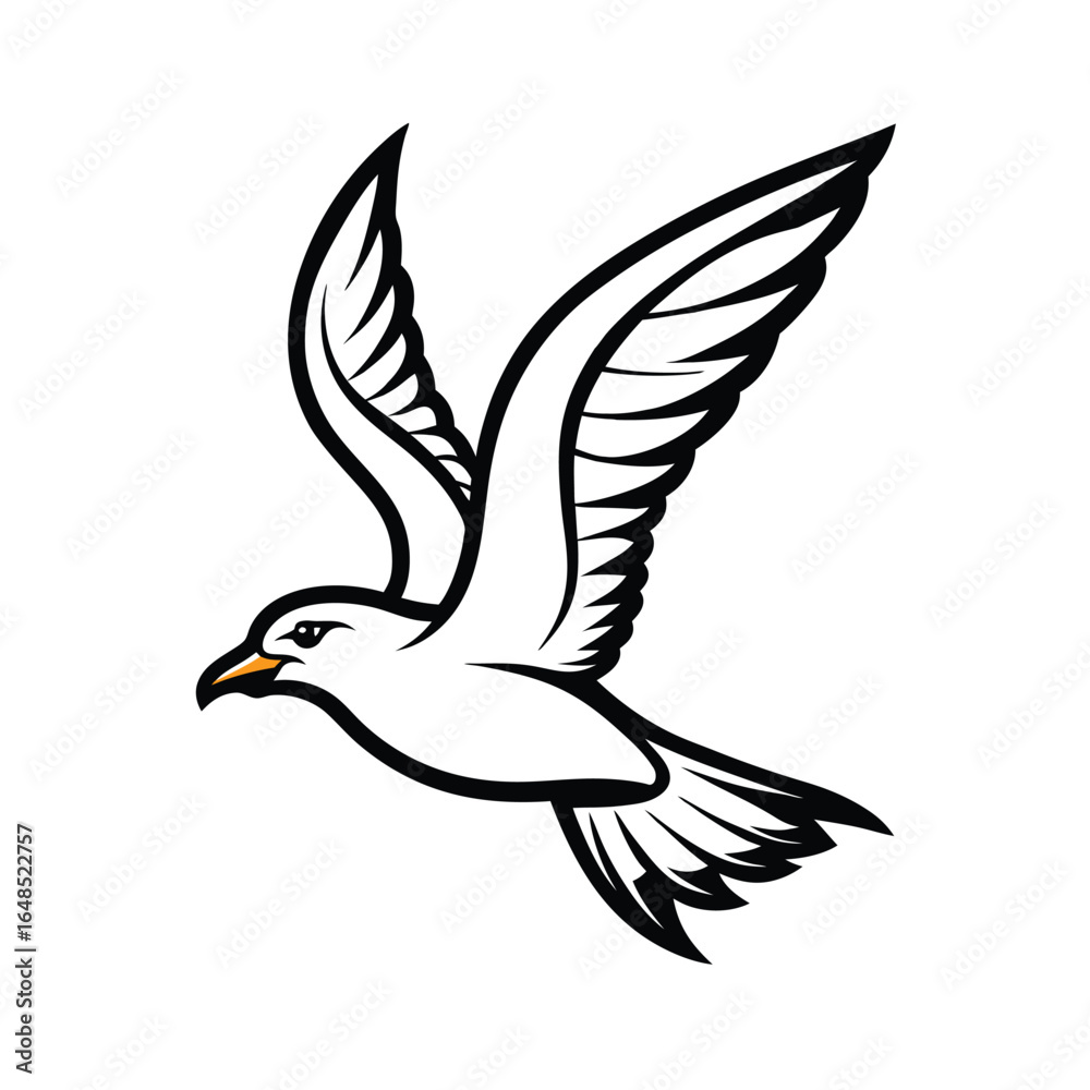 Obraz premium Elegant vector illustration of a seagull in graceful flight with perfectly balanced symmetrical lines on an isolated background