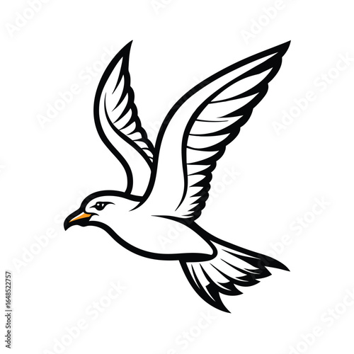 Elegant vector illustration of a seagull in graceful flight with perfectly balanced symmetrical lines on an isolated background