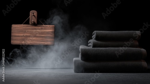 Minimalist Spa Composition with Wooden Signboard on Towels – Steam and Dark Background with Copy Space