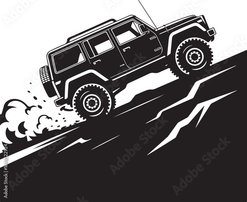 Off-road adventure vehicle climbing steep terrain with dust