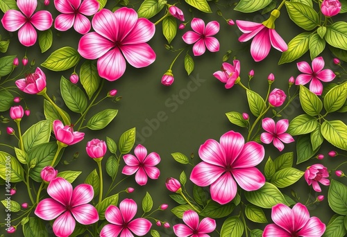 Layered vector illustration of pink flowers, leaves, and stems in a floral pattern, greeting card, celebration