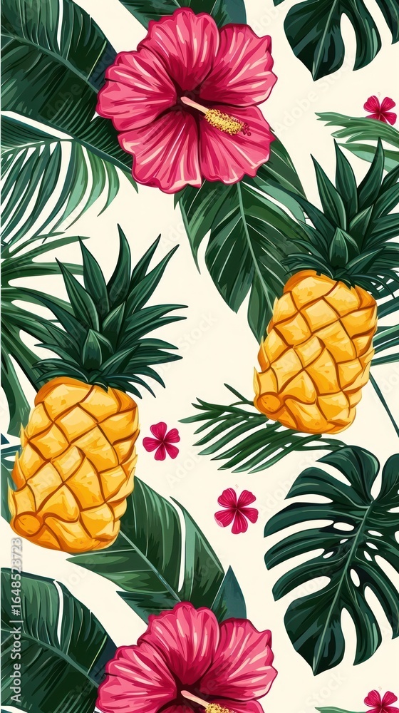 Obraz premium Tropical pineapple hibiscus pattern.