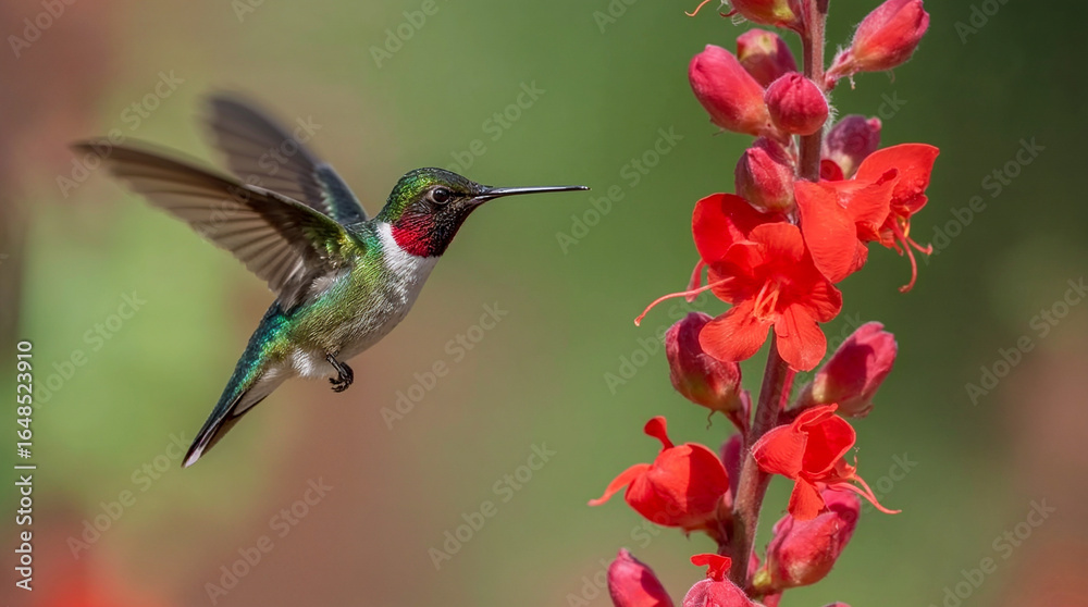 Fototapeta premium A male Ruby-throated Hummingbird hovers near a cluster of vibrant red flowers, its iridescent feathers catching the light.
