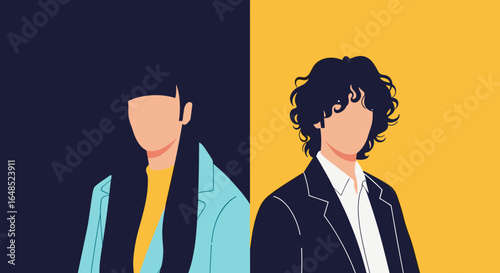 minimalist digital art celebrating distinctive styles and personalities of two unidentified individuals with contrasting backgrounds