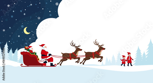 santa claus and reindeer flying through a winter night sky delivering presents to children below