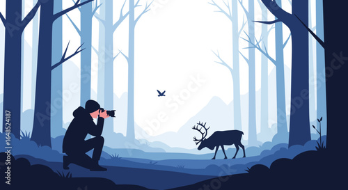 wildlife photographer captures majestic reindeer in serene snowy forest landscape during a birdwatching excursion