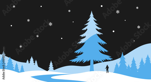a lone figure walks through a serene winter landscape under a starry night sky as snowflakes gently fall upon the snow-covered trees