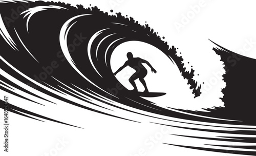 Surfer riding massive barrel wave silhouette