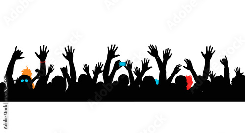 excited crowd with raised hands cheering at an event or concert with silhouette figures