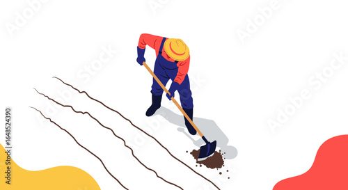 farmer tending to crops in a field preparing the soil for planting with a hoe on a bright sunny day