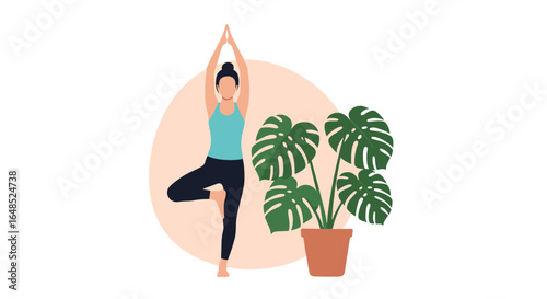 serene woman practicing tree pose yoga indoor with large tropical houseplant a calm and healthy lifestyle