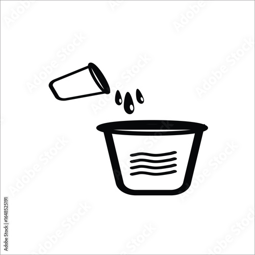 A clean and modern bold outline icon depicting a smaller cup pouring liquid into a larger one. This minimalist pictogram is ideal for illustrating processes like pouring, decanting, or adding material