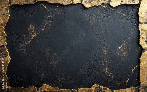 Black grunge wall texture with golden frame.