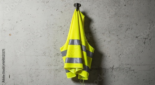 A bright yellow high-visibility safety vest with reflective stripes hangs on a black hook against a rough concrete wall.