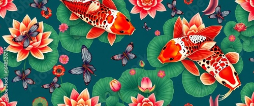 Elegant seamless pattern featuring koi carp, lotuses, and dragonflies in vibrant colors,  nature,  oriental